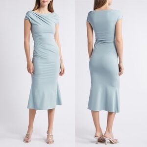 🌻NEW NWOT NIKKI LUND Sky Off Shoulder Midi Sheath Dress Size XL | $157 Retail